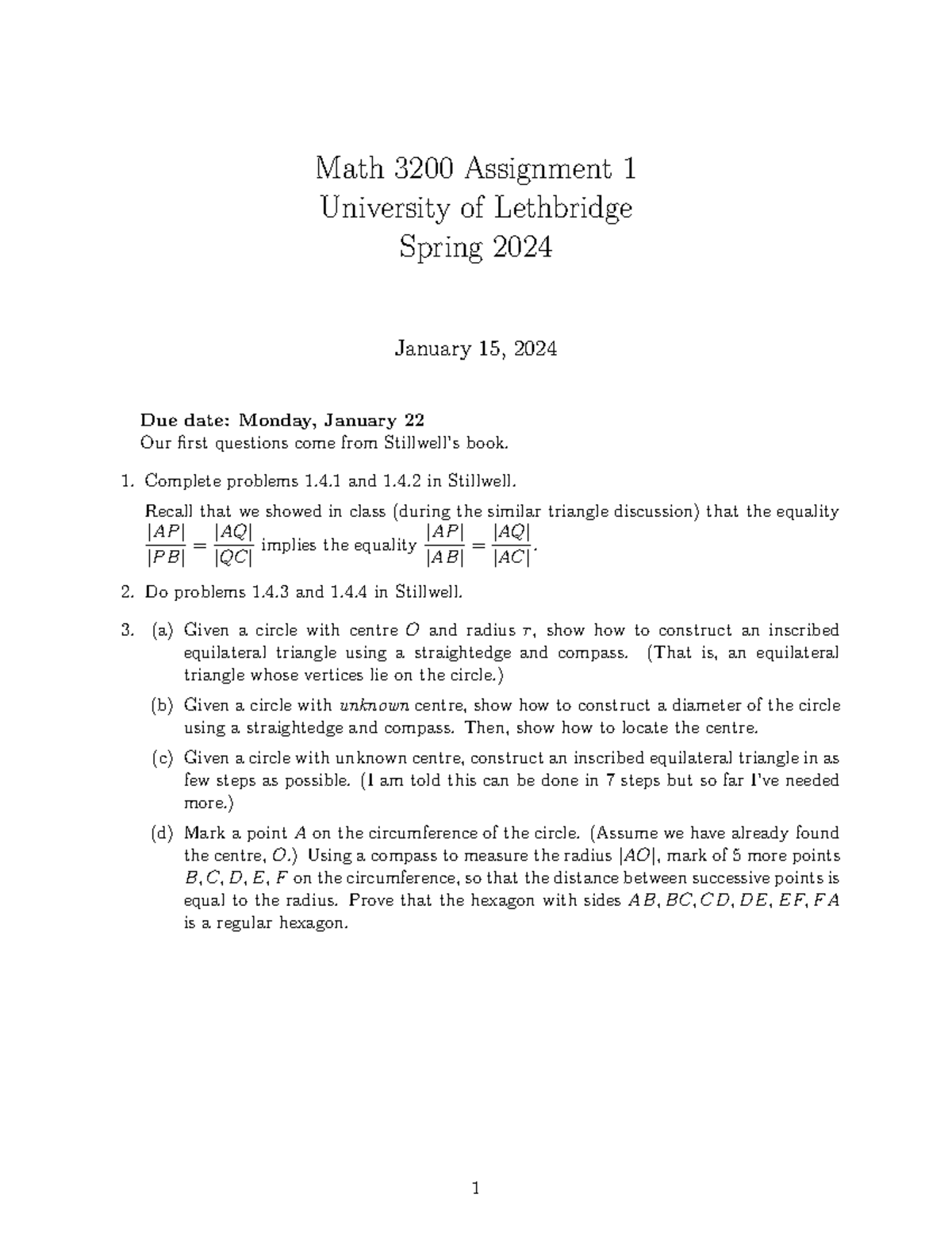 Assignment 1-2 - Math 3200 Assignment 1 University of Lethbridge Spring ...