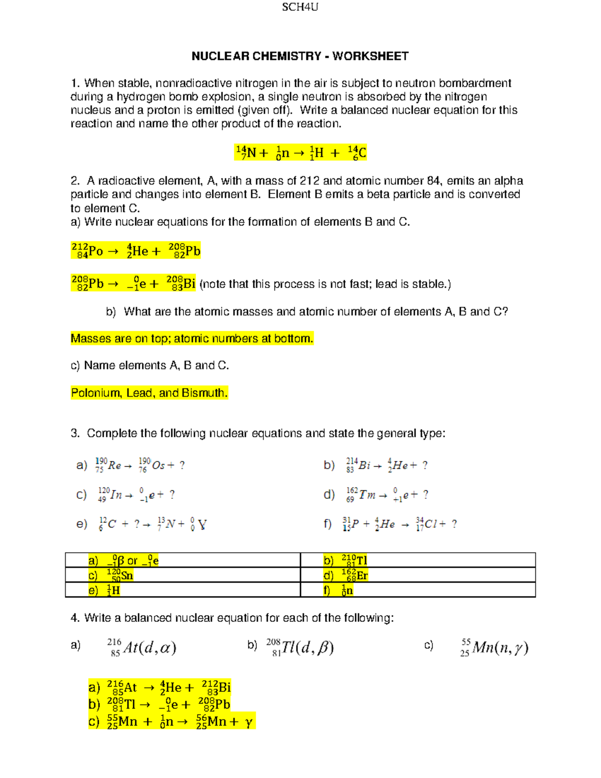 Nuclear Chemistry Worksheet Answer KEY SCH4U NUCLEAR CHEMISTRY 