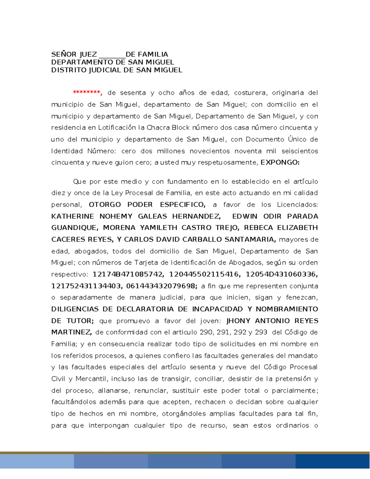 Poder Especifico - Ejemplo de demanda - SEÑOR JUEZ ________DE FAMILIA ...