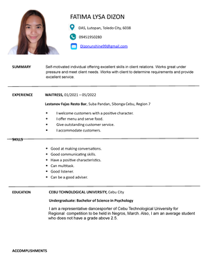 resume sample for ojt