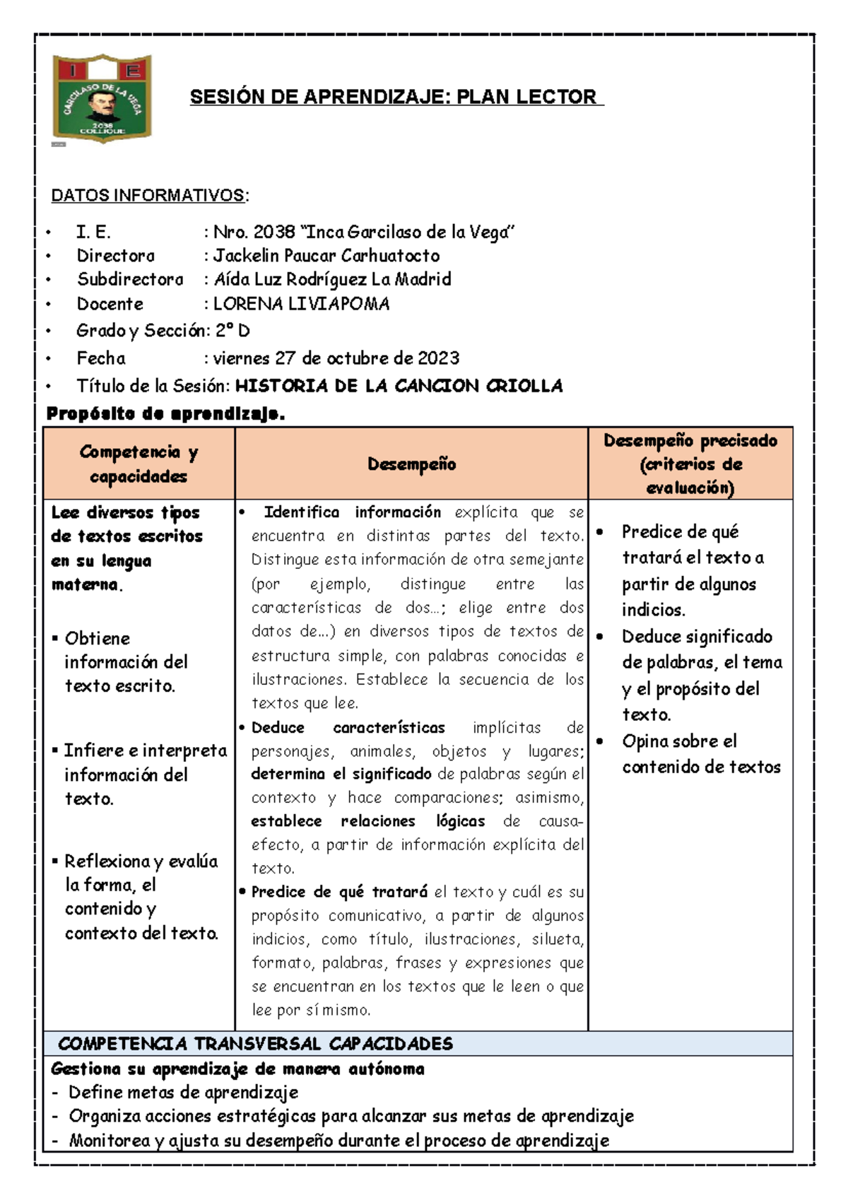 Sesion DE PLAN Lector - EJERCICIOS Y SOLUCIONES - SESIÓN DE APRENDIZAJE ...