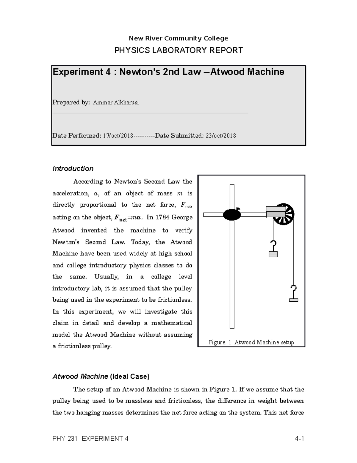 (Lab 4) Atwood Machine (231) ammar alkharusi New River Community