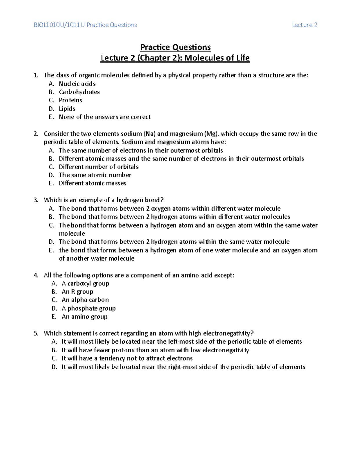 BIOL1010 1011+Lecture+2+Practice+Questions - BIOL1010U/1011U Prac ce ...