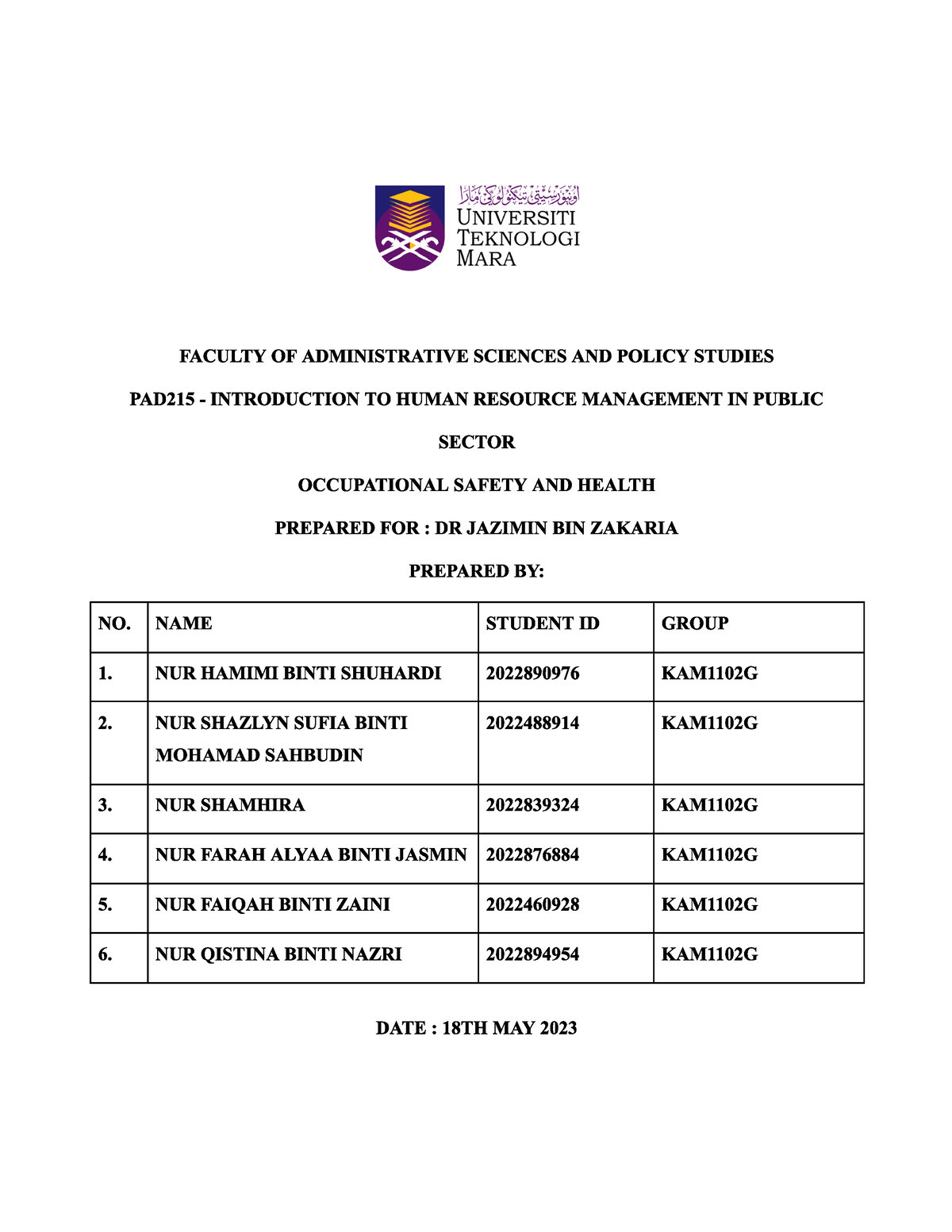 pad215 assignment safety and health