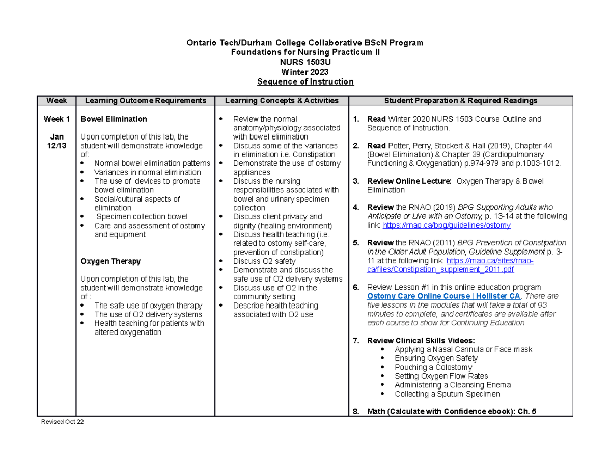 NURS 1503 Sequence of Instruction Winter 2023 docx - Ontario Tech ...