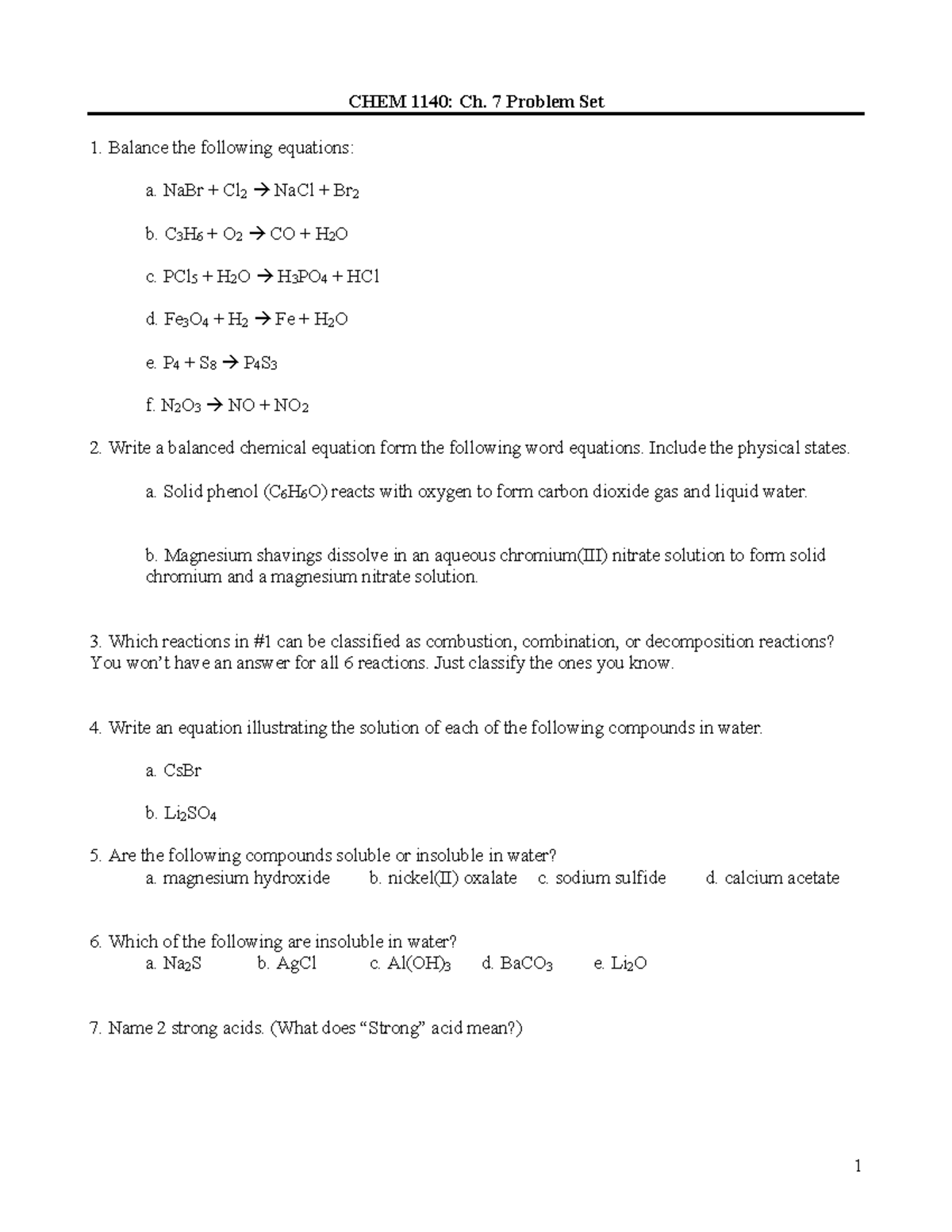 Chapter 7 - Chemical Reactions Problem Set - CHEM 1140: Ch. 7 Problem ...