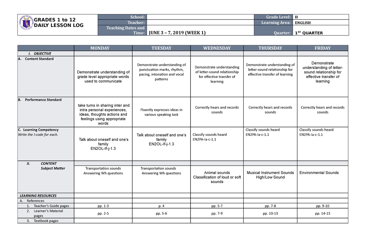 DLL English 2 Q1 W1 - Basic Lesson Plan - GRADES 1 To 12 DAILY LESSON ...