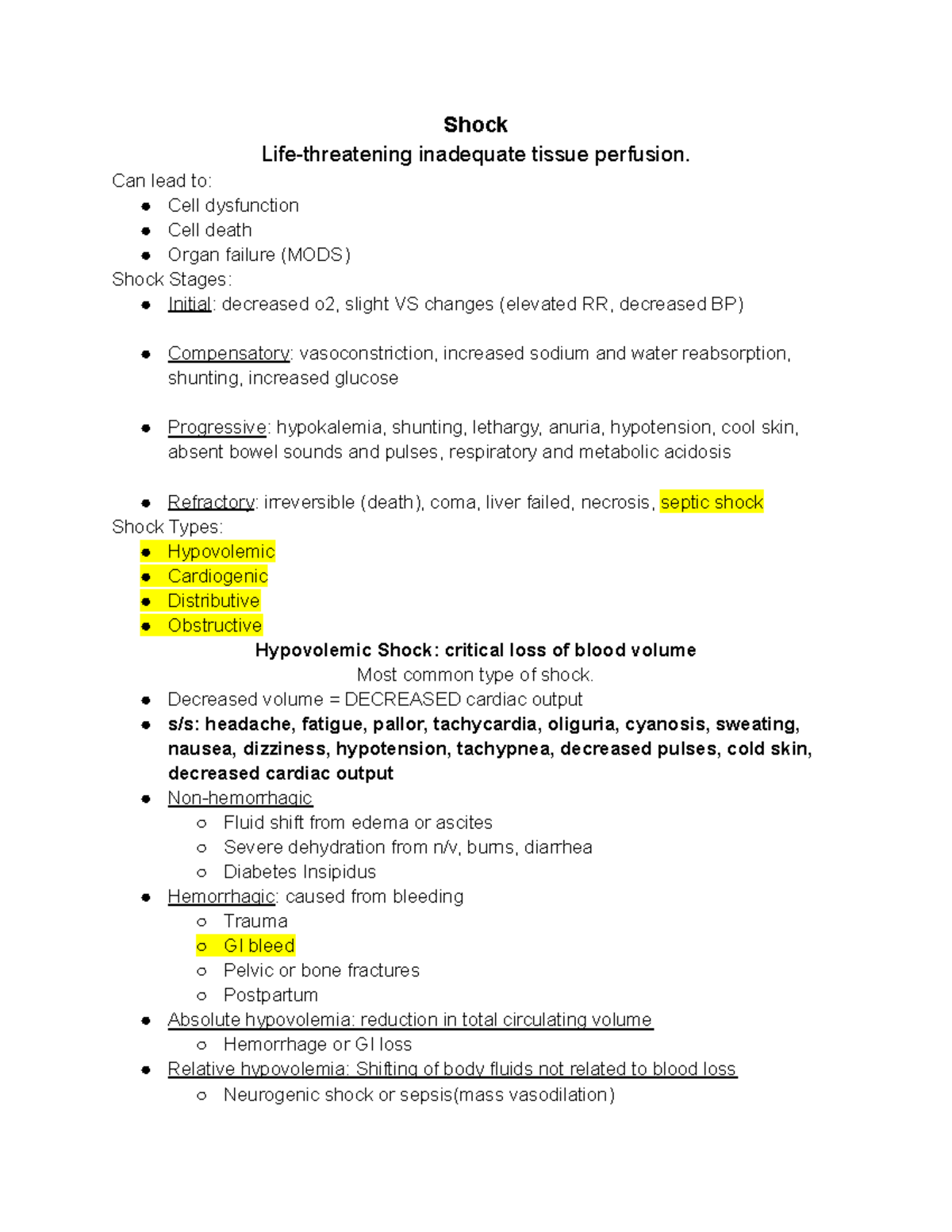 Pcc4 exam 1 study guide - Lecture notes on shock, ARDS, MODS, GI bleed ...