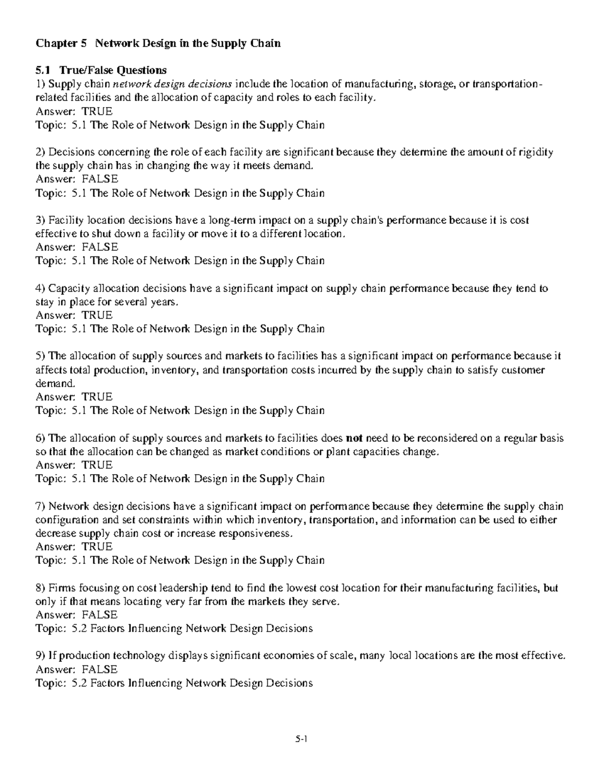 Chapter 5 Network Design In The Supply Chain Answer TRUE Topic 5 