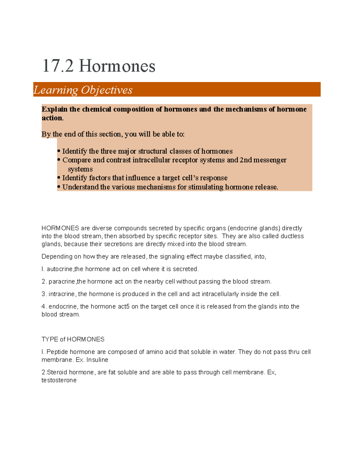 Module 5 Enzymes and Hormones 17 Hormones Learning Objectives Explain