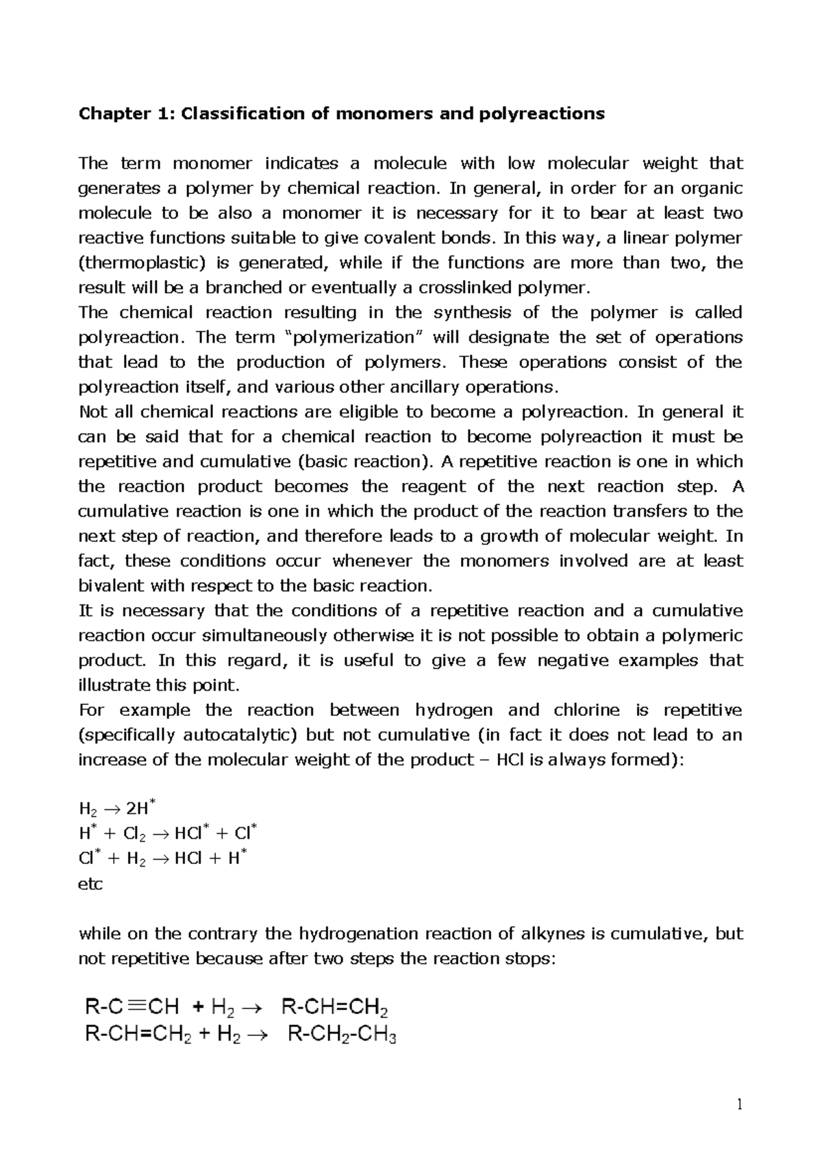 Lecture's notes - polymerization - Chapter 1: Classification of ...