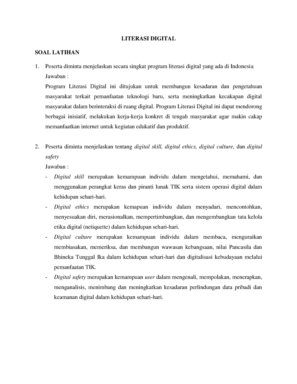 Literasi Digital  Soal latihan  LITERASI DIGITAL SOAL LATIHAN Peserta