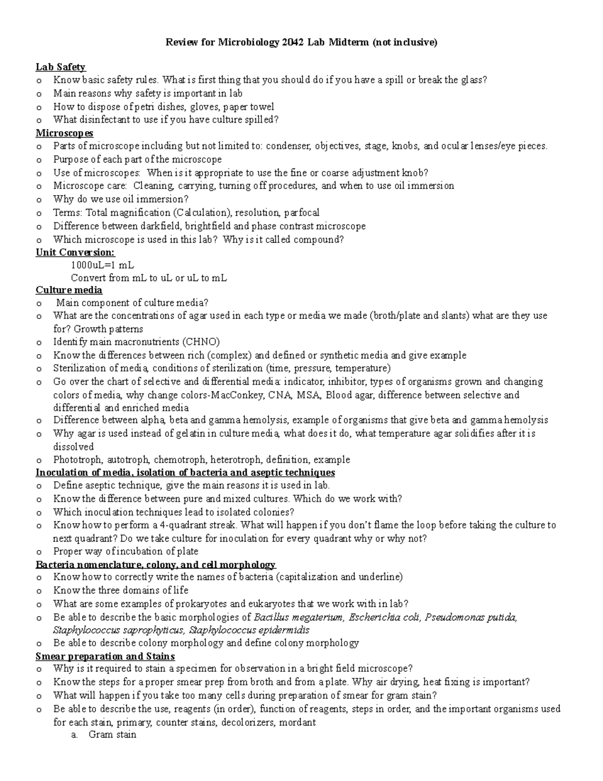 Midterm Review for Microbiology 2042 Lab Fall 2023 Review for Microbiology 2042 Lab Midterm