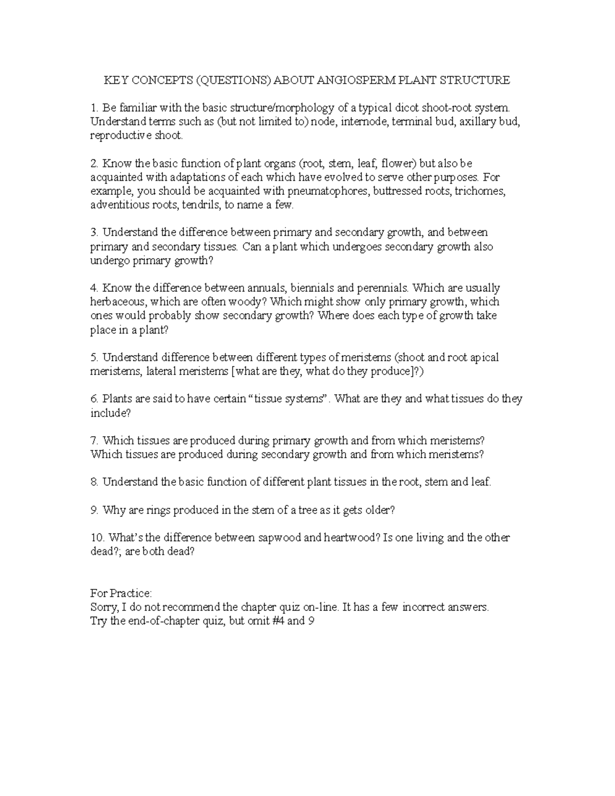 Bisc208 Plant Structure key concepts KEY CONCEPTS (QUESTIONS) ABOUT