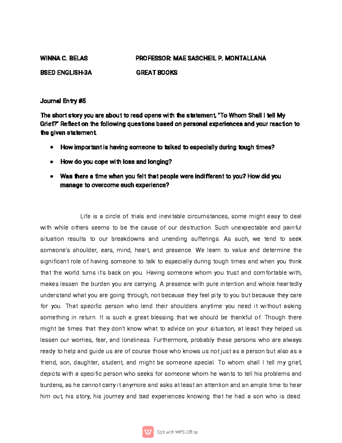 Belas Winna Journal- Entry-5- Great- Books - WI NNAC PROFESSOR ...