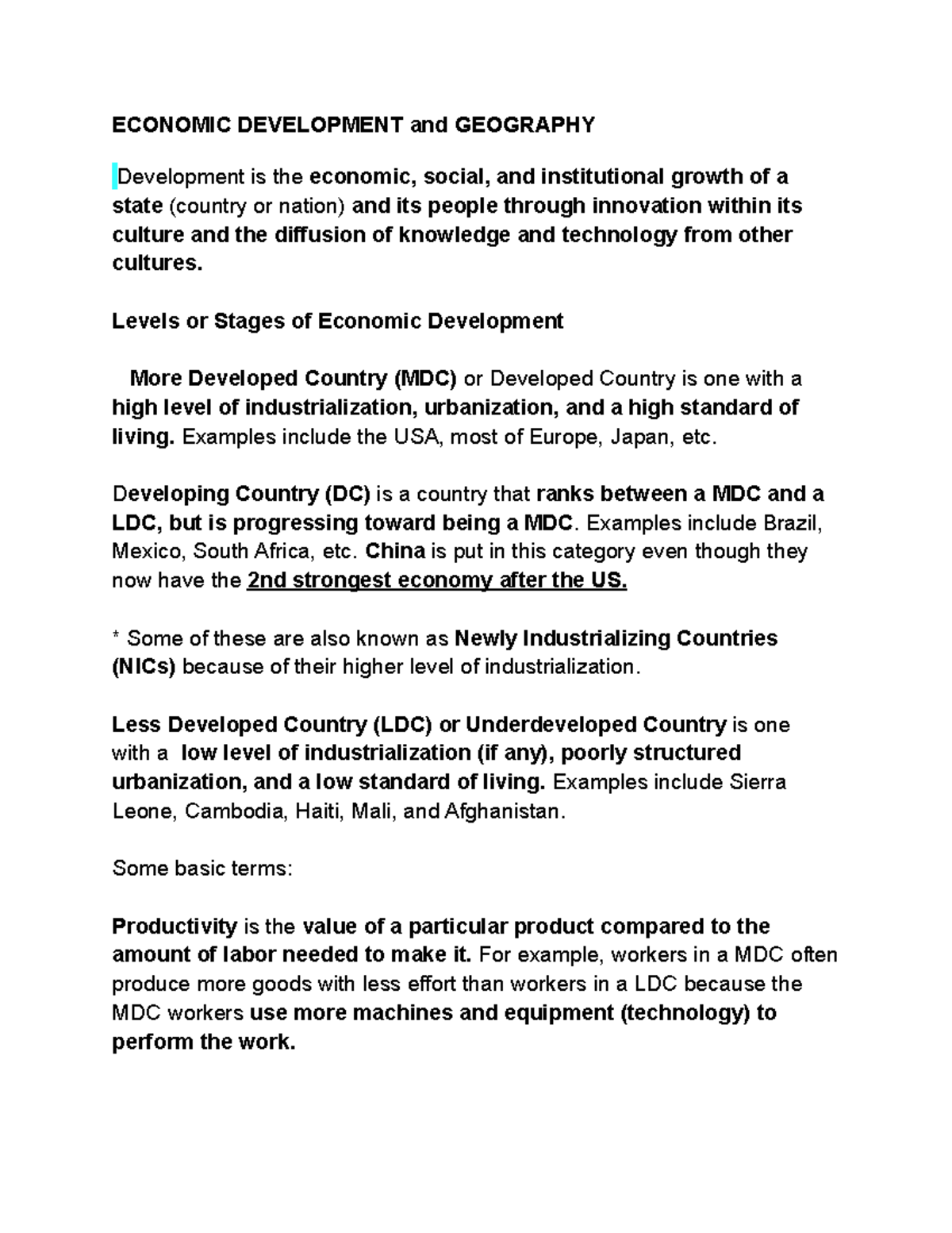 GEOG 1101 EXAM #2 Lectures 12-15 - ECONOMIC DEVELOPMENT And GEOGRAPHY ...