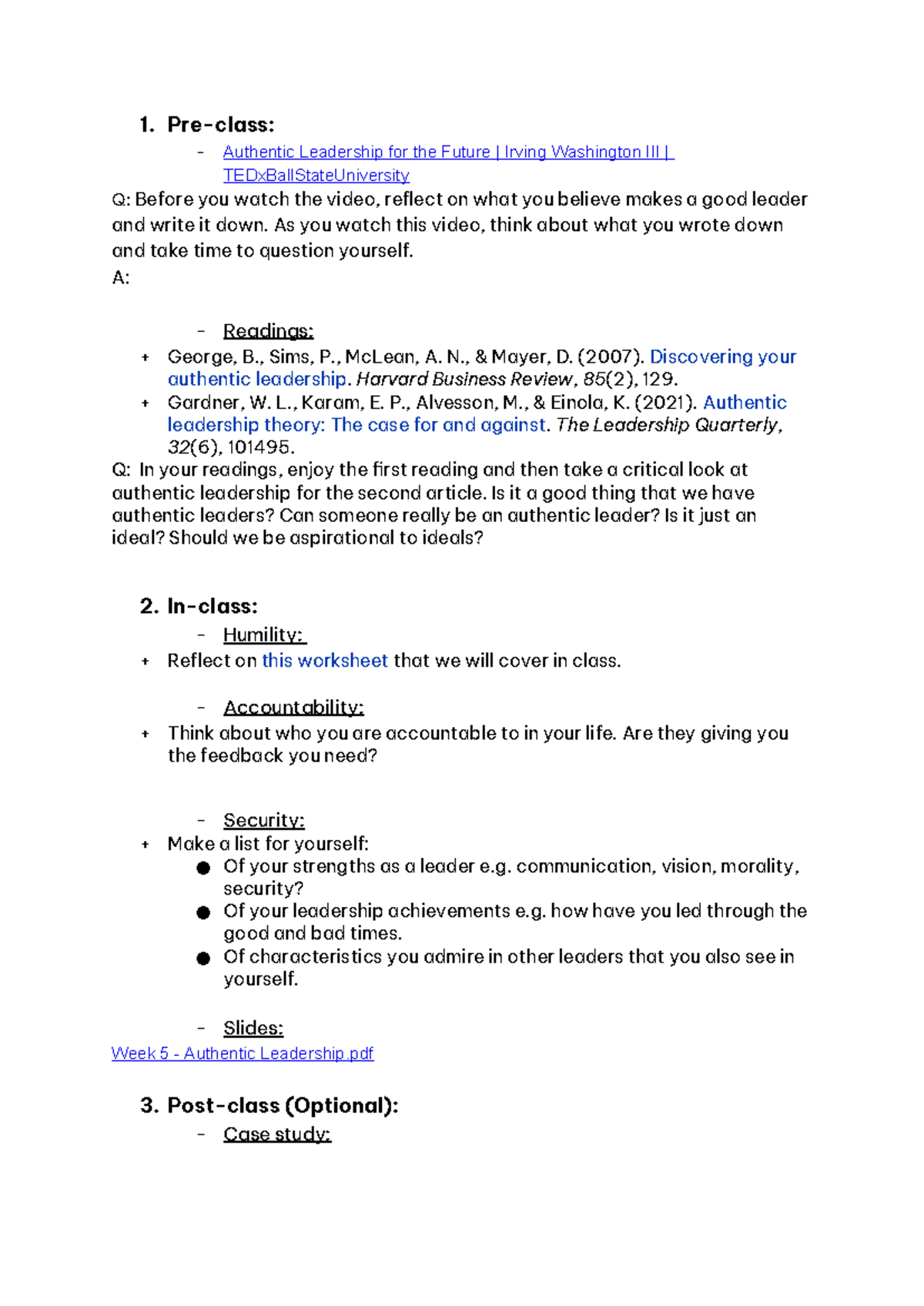 Week 5 - Authentic Leadership - 1. Pre-class: - Authentic Leadership ...
