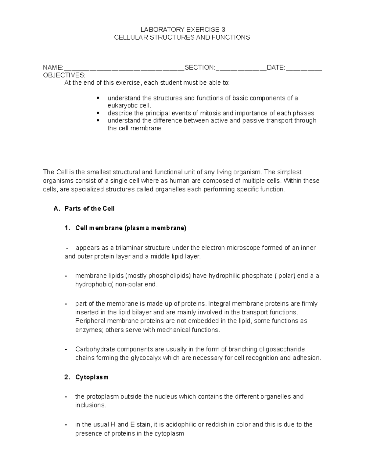 C ) LAB Exercise 3 THE CELL - CELLULAR STRUCTURES AND ...