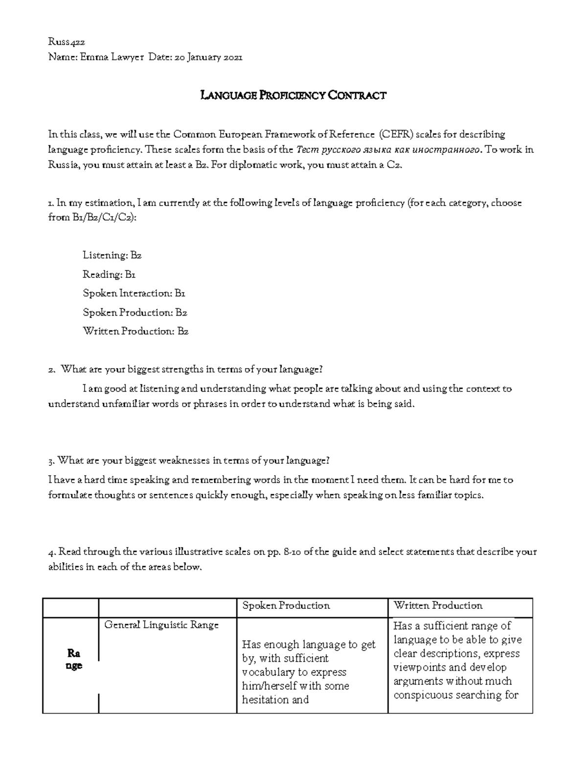 Russ 422 language contract 2020 - Name: Emma Lawyer Date: 20 January ...