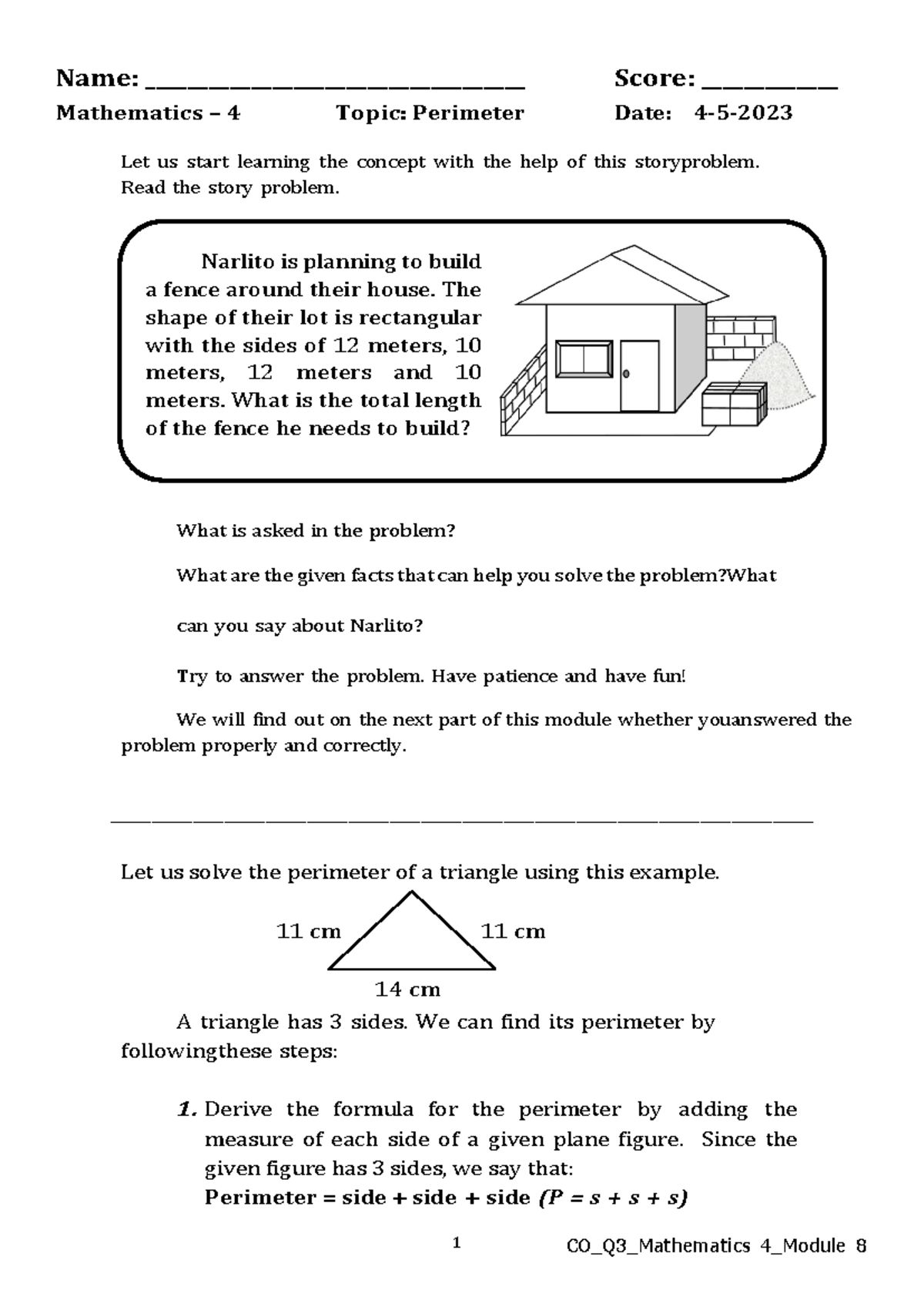 MATH4 Q3 Module 8 Activity - Narlito Is Planning To Build A Fence ...