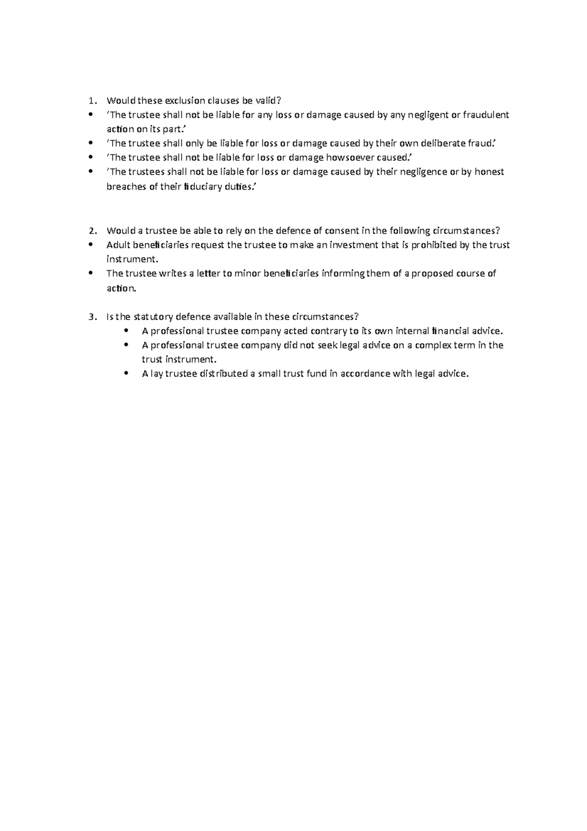 Week 9 activities - In lecture work - Would these exclusion clauses be ...