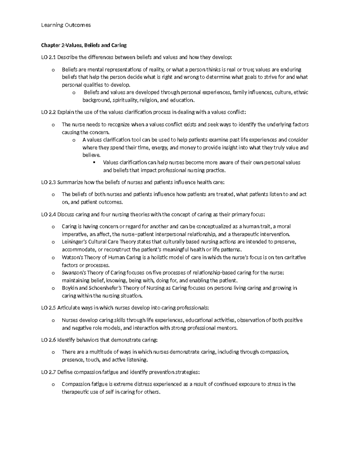 Learning Outcomes - notes - Chapter 2-Values, Beliefs and Caring LO 2 ...