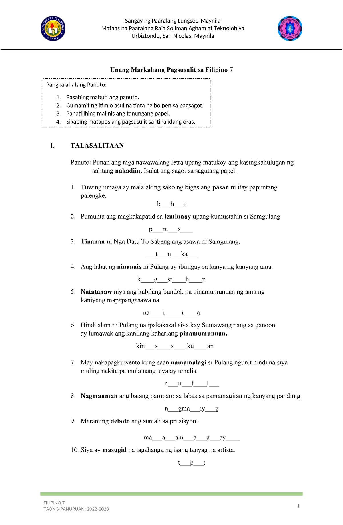 Unang-Markahang-Pagsusulit-sa-Filipino-7-TP22 23 - Sangay Ng Paaralang ...