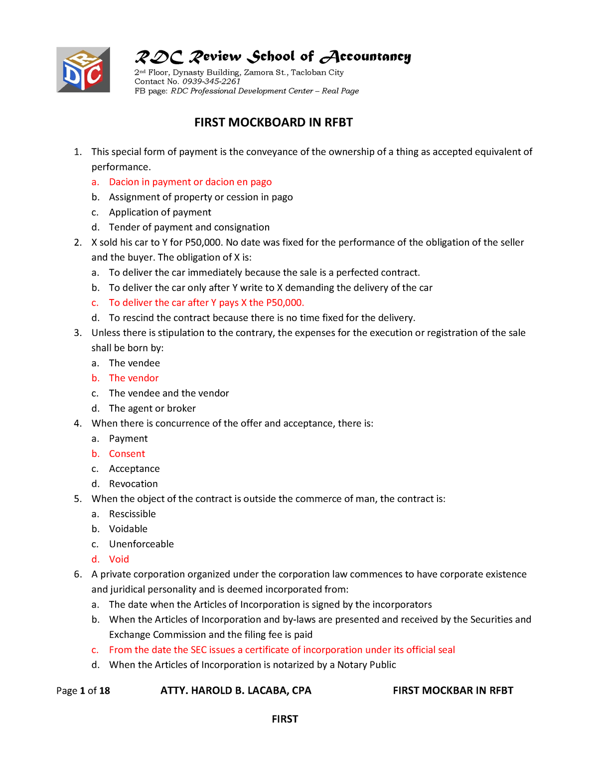 First Mockbar In Rfbt With Answers - Bachelor Of Science In Accountancy ...