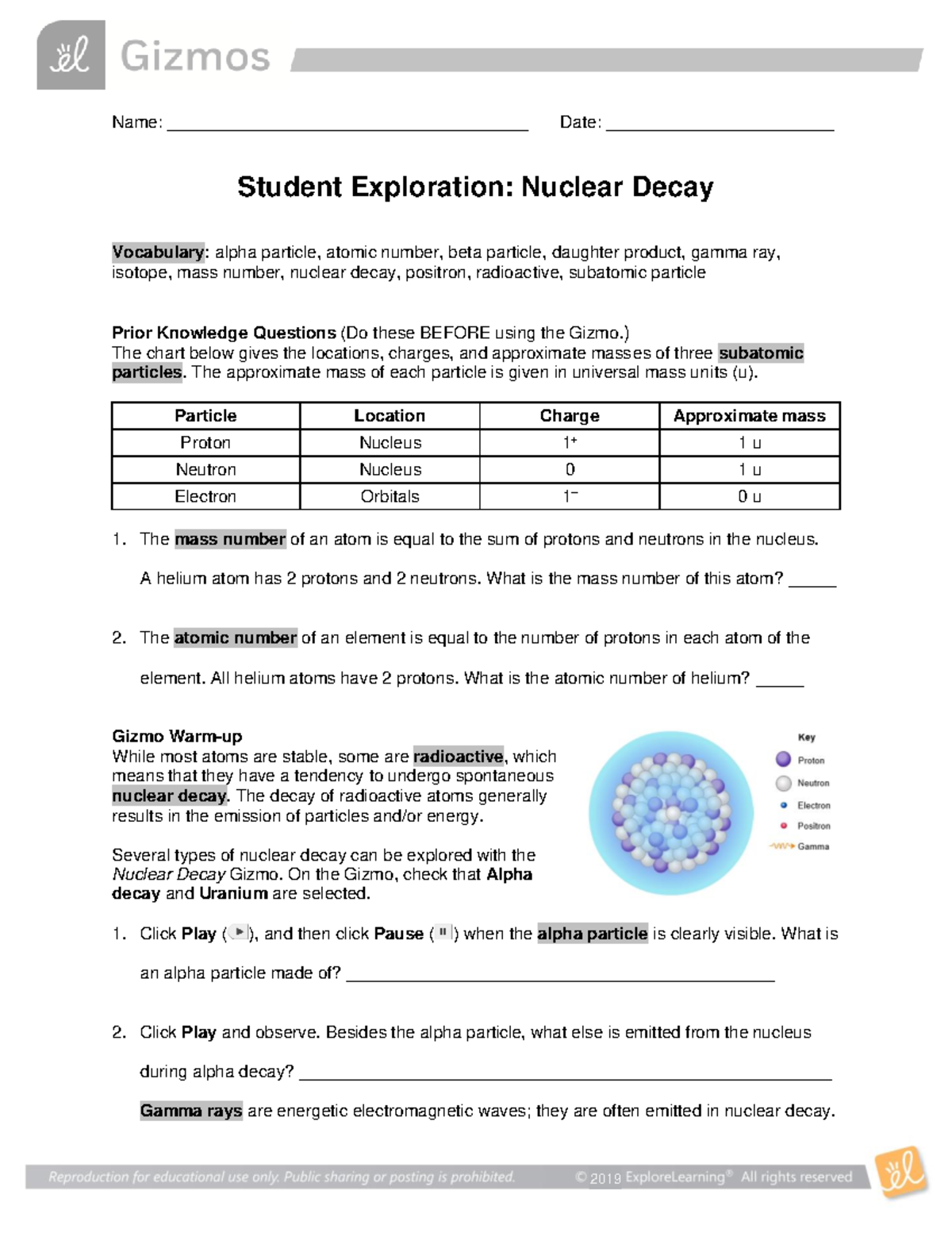 Nuclear Decay Gizmos Assignments Name