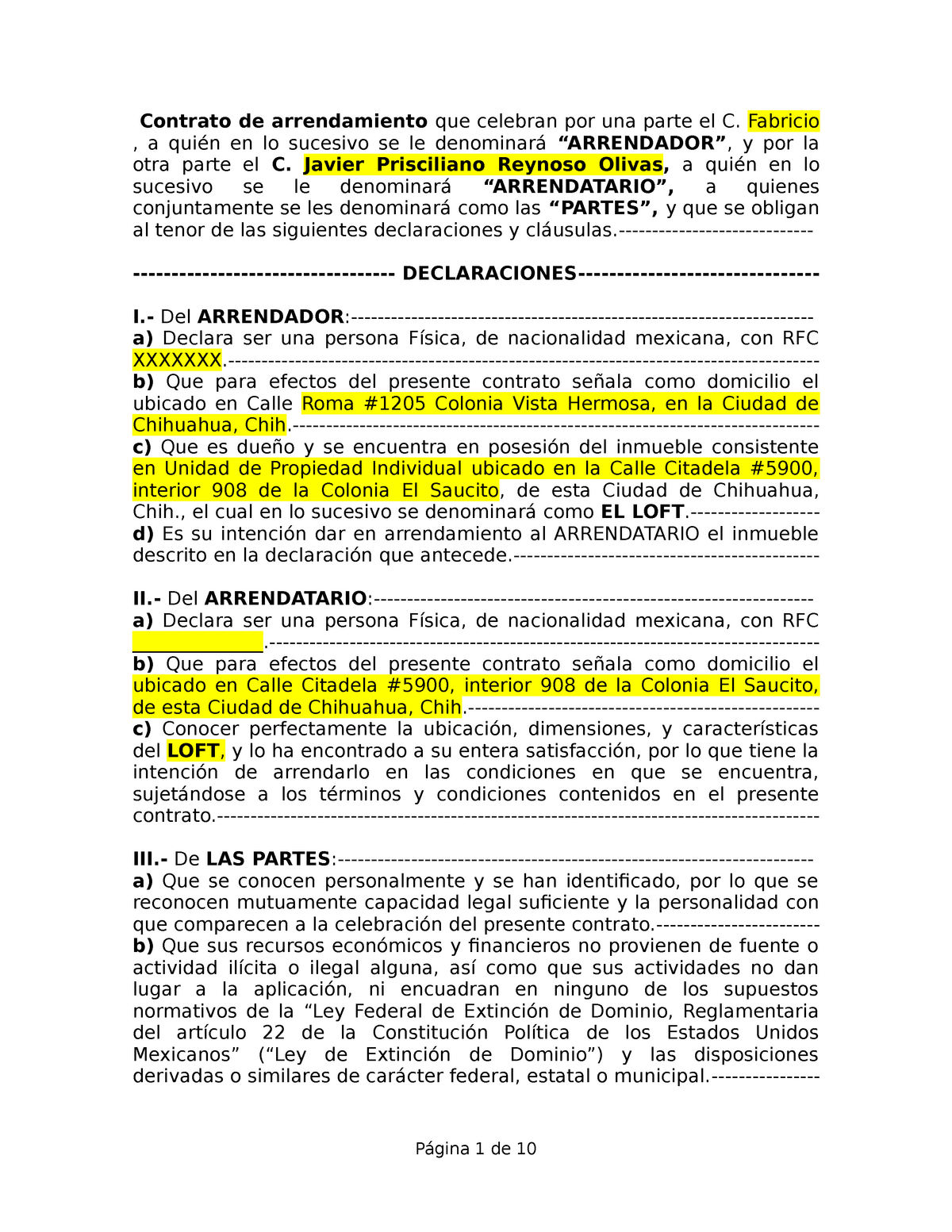 Formato de contrato de Arrendamiento Código Civil de Chihuahua - Contrato  de arrendamiento que - Studocu