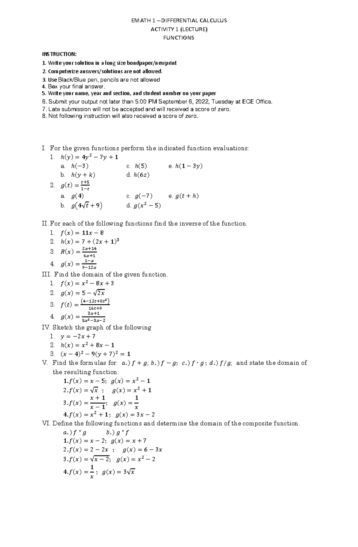 Activity 1 functions - for education - EMATH 1 – DIFFERENTIAL CALCULUS ...