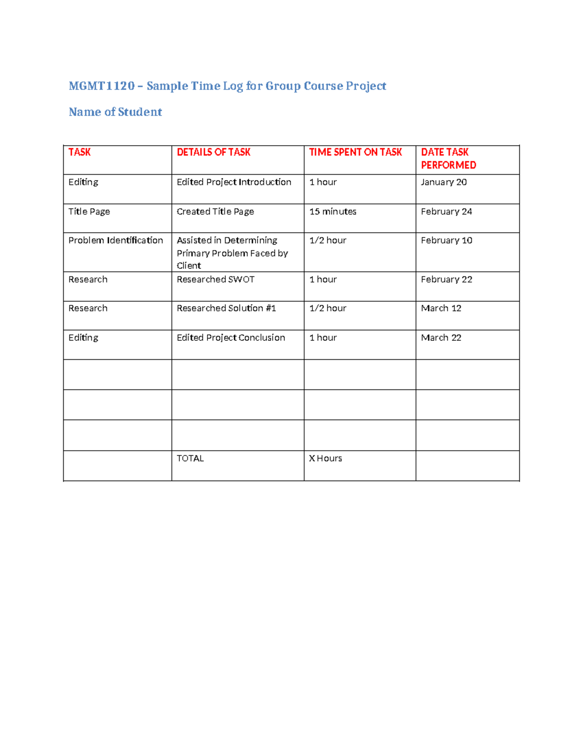 MGMT1120 Sample Time Log 2019-2020 - MGMT1120 – Sample Time Log for ...