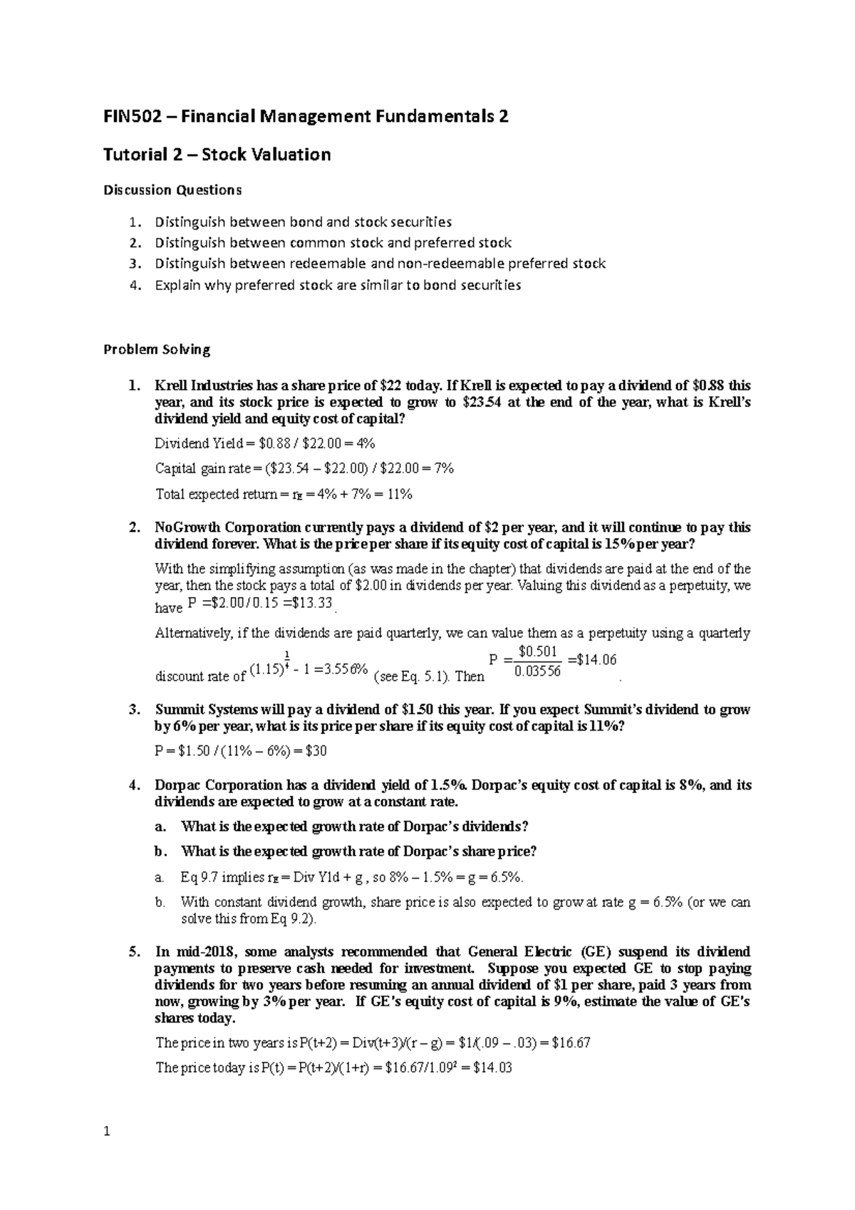 Tutorial 2 Solutions - FIN502 – Financial Management Fundamentals 2 ...