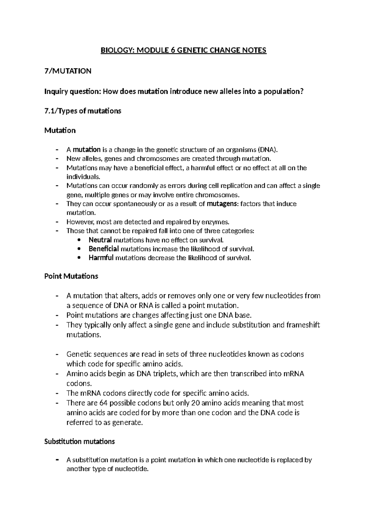 Genetic change notes - BIOLOGY: MODULE 6 GENETIC CHANGE NOTES 7 ...