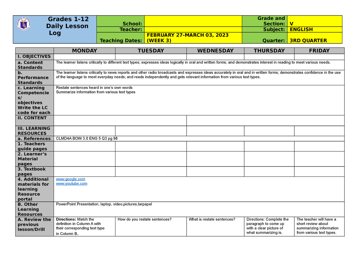 DLL English W3 Q3 - Lesson Plan - Grades 1- Daily Lesson Log School ...