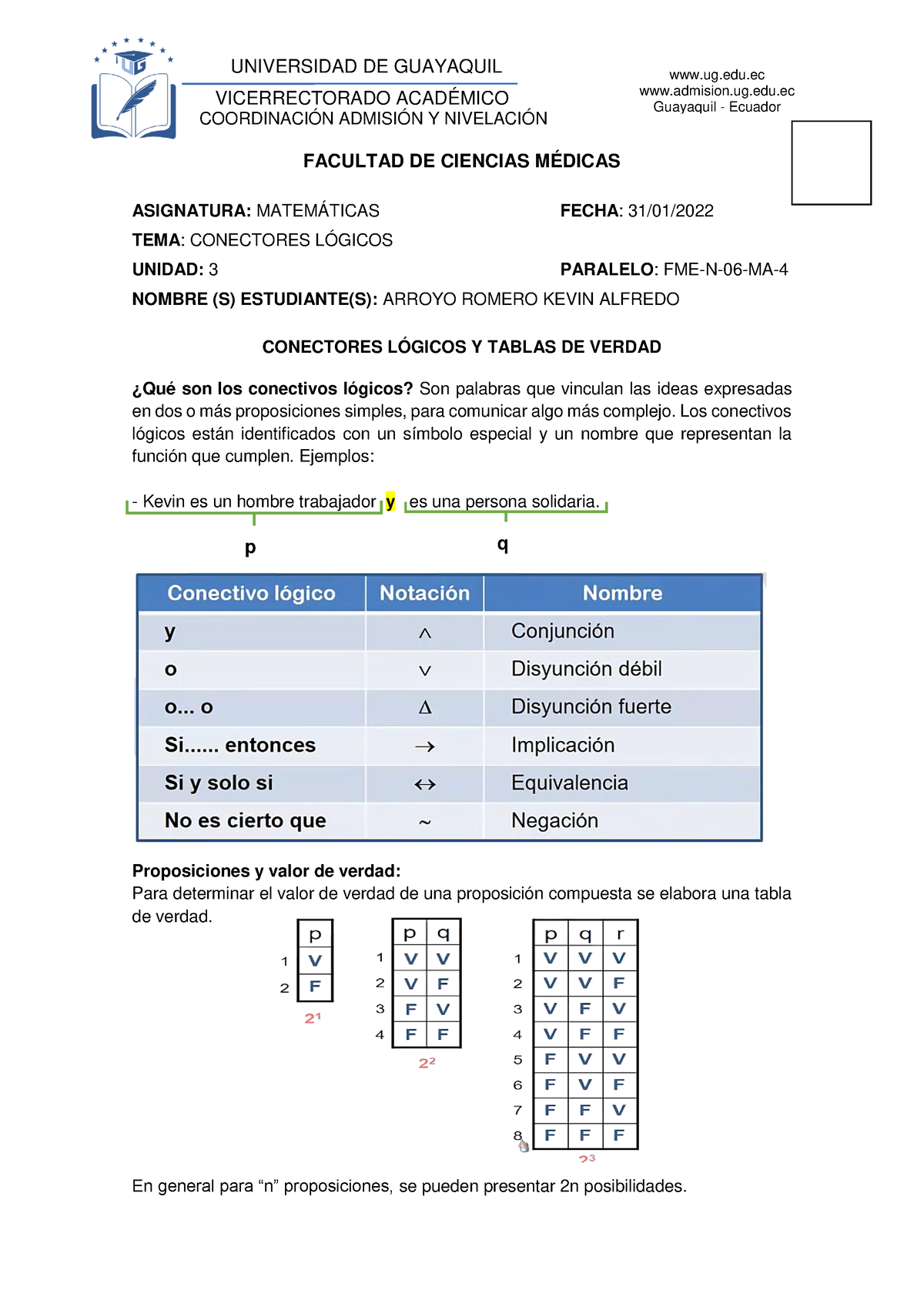 Conectores L Gicos Y Tablas De Verdad Universidad De Guayaquil Vicerrectorado Acad Mico Studocu