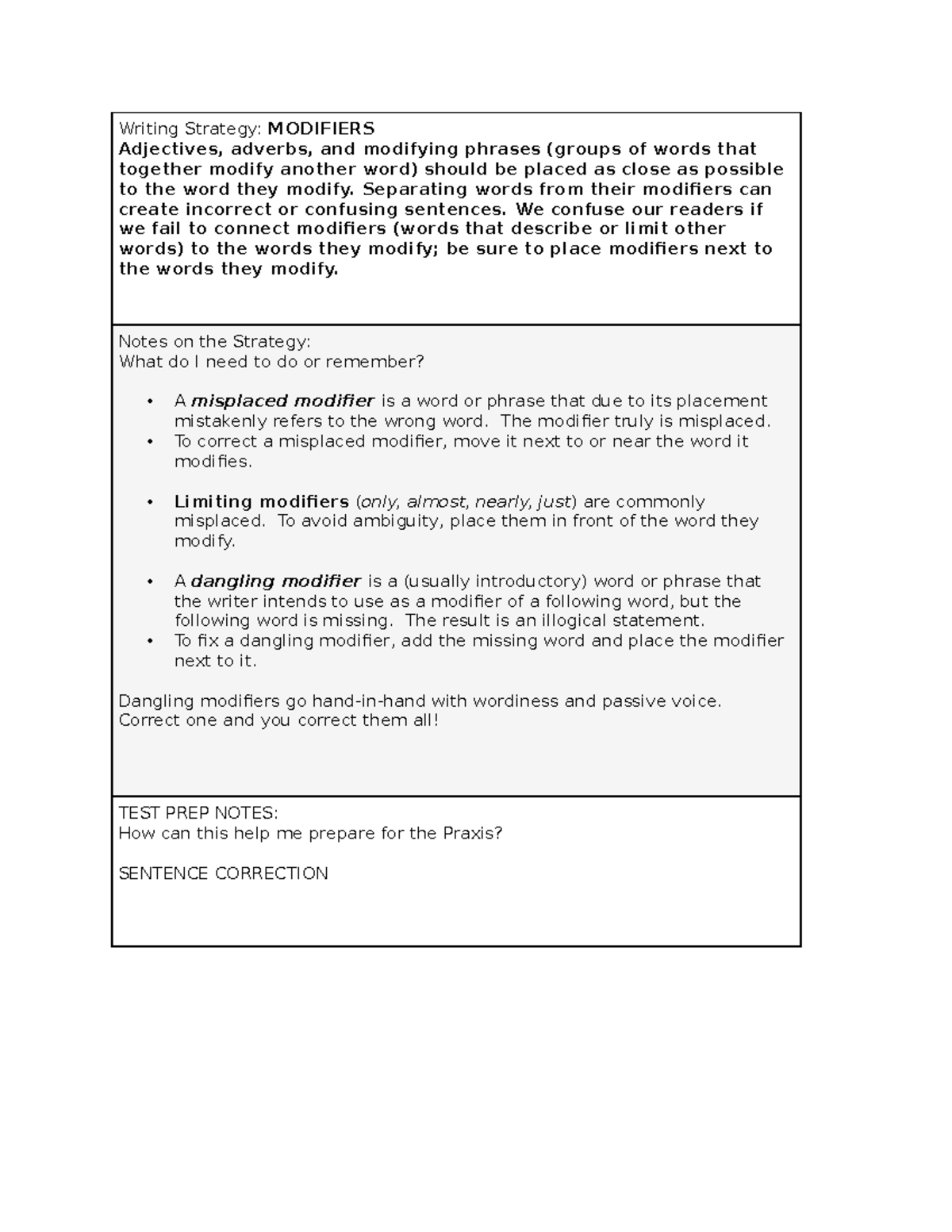 WS- Misplaced and Dangling Modifiers - Writing Strategy: MODIFIERS ...