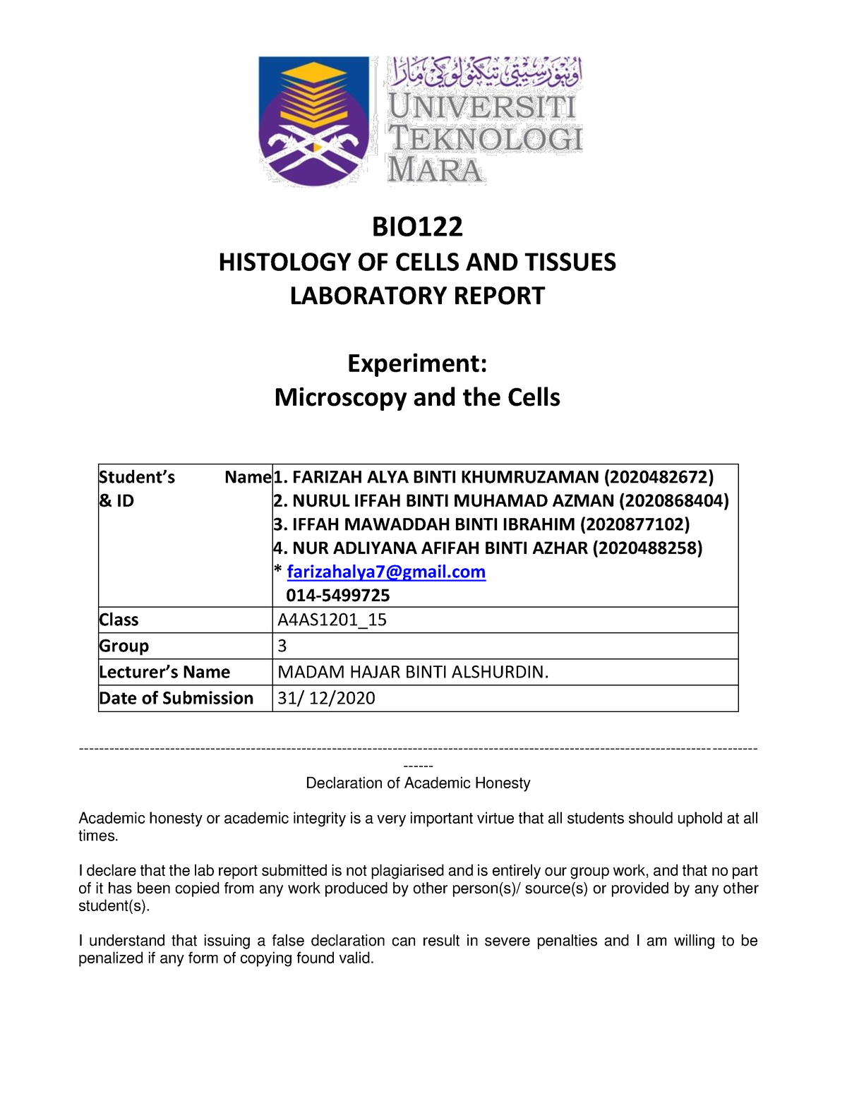 AS1201 15 Group 3 - Bio122 Lab Report - BIO HISTOLOGY OF CELLS AND ...