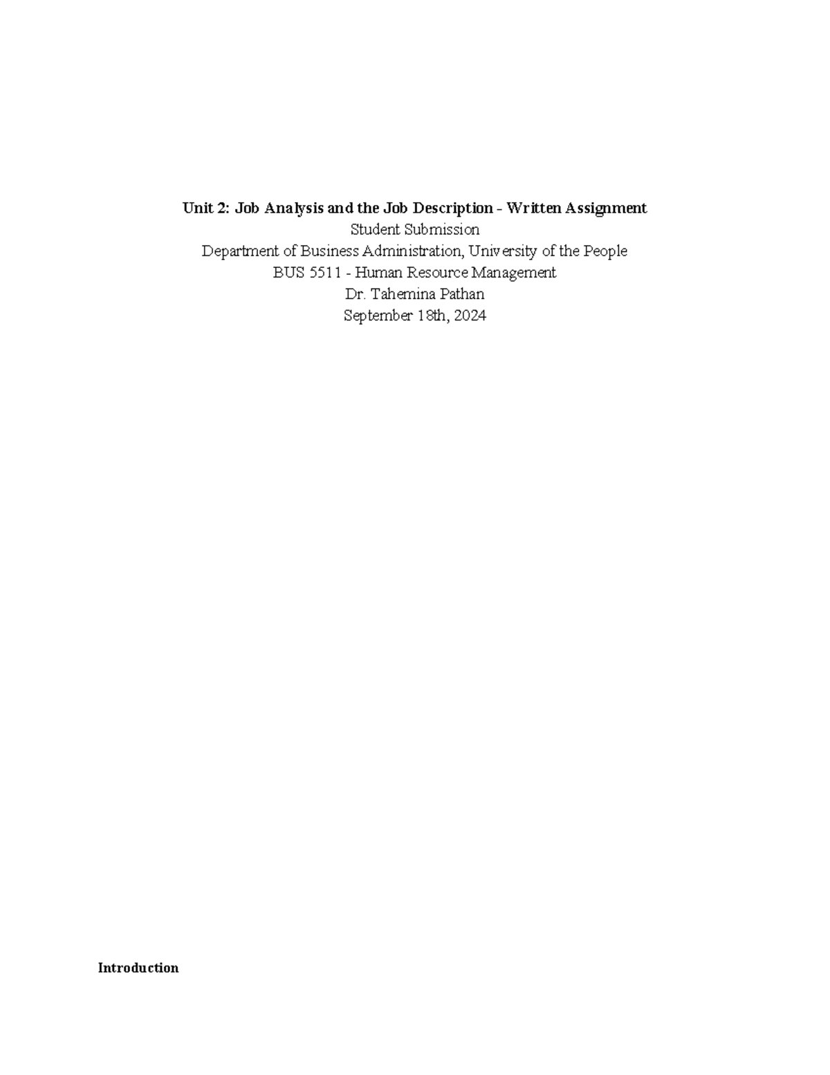 Written Unit 2 - Unit 2: Job Analysis and the Job Description - Written ...