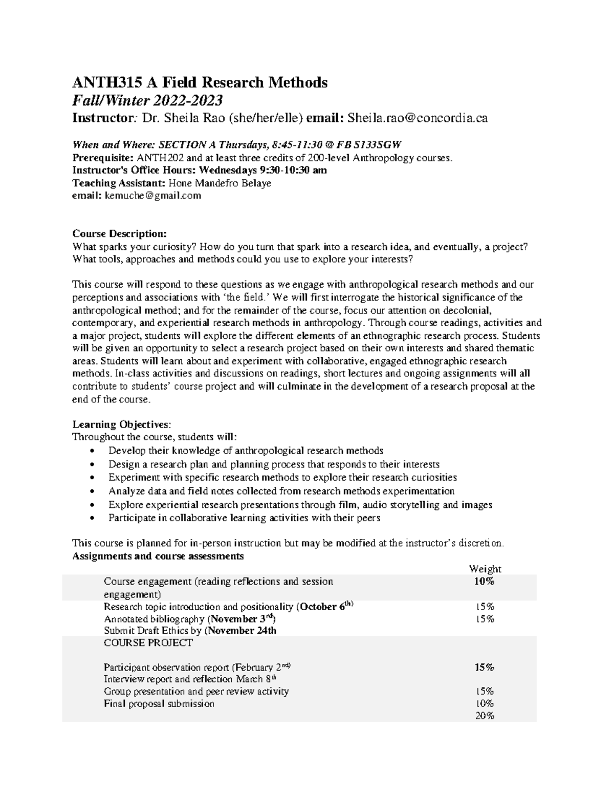 Anth315 outline ANTH315 A Field Research Methods Fall/Winter 2022