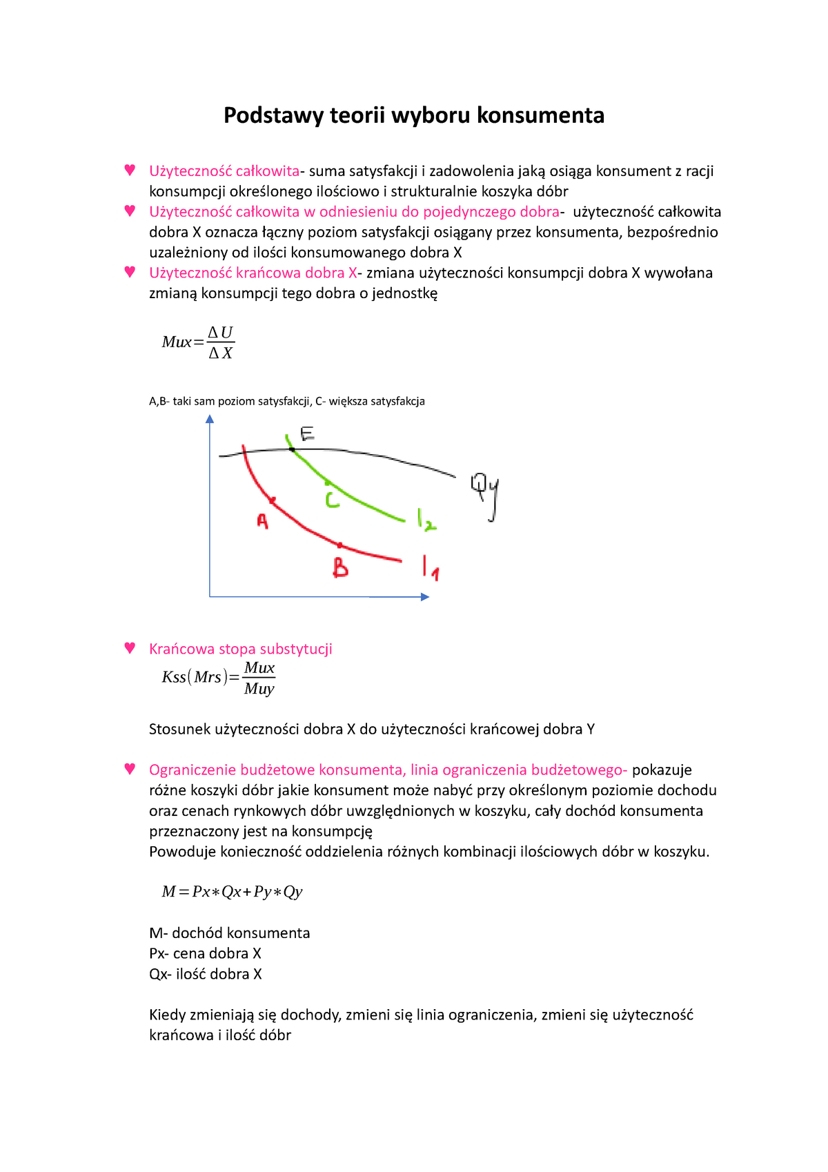Podstawy Teorii Wyboru Konsumenta - M=Px∗Qx+Py∗Qy M- Dochód Konsumenta ...