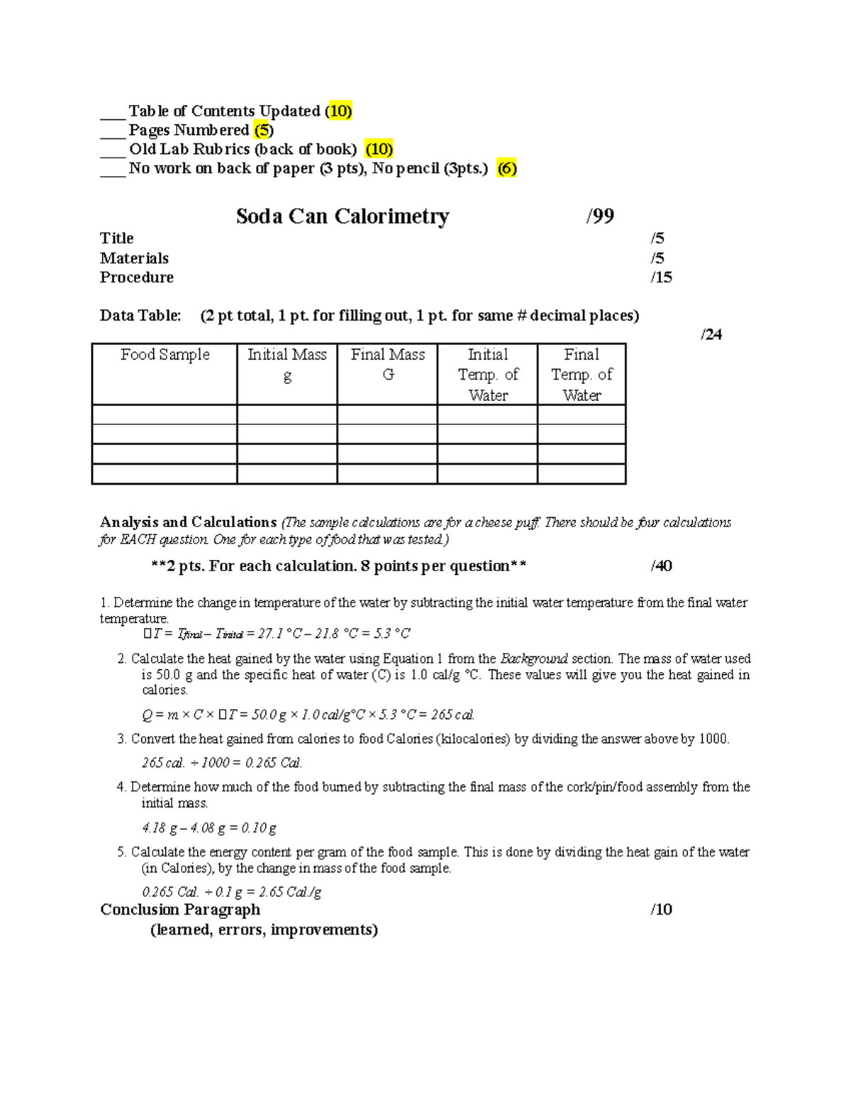 Lab Rubric soda can calorimetry, MicroHindenburg ___ Table of