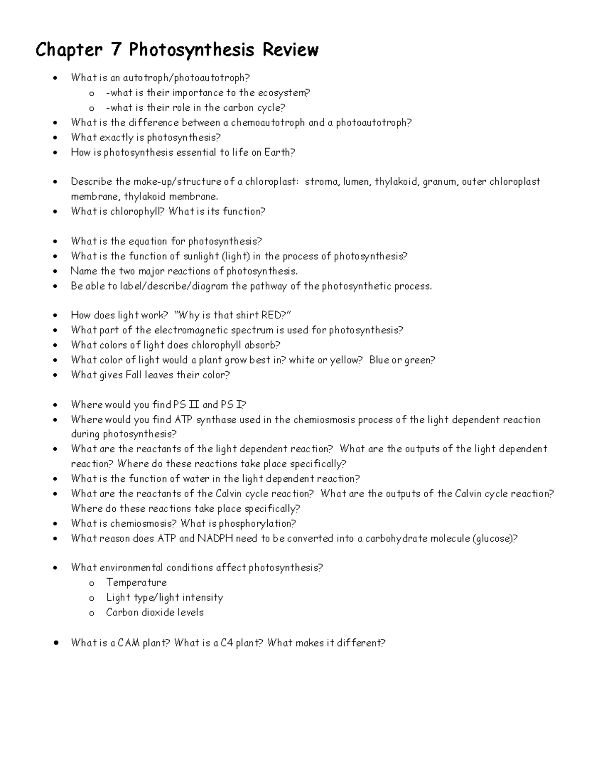 Chapter+7+Photosynthesis+Review - Chapter 7 Photosynthesis Review What ...