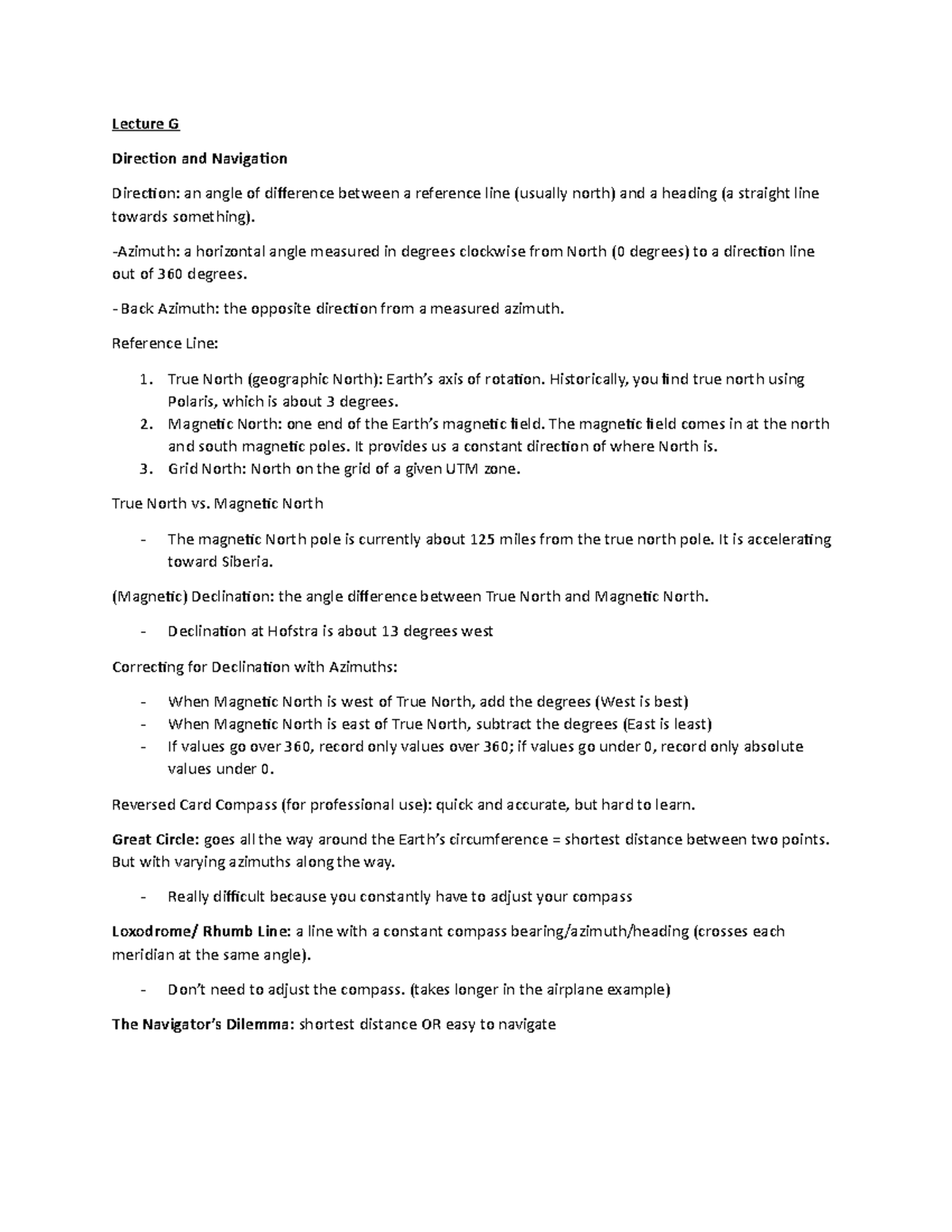 Lecture G Notes - Geography - Lecture G Direction and Navigation ...