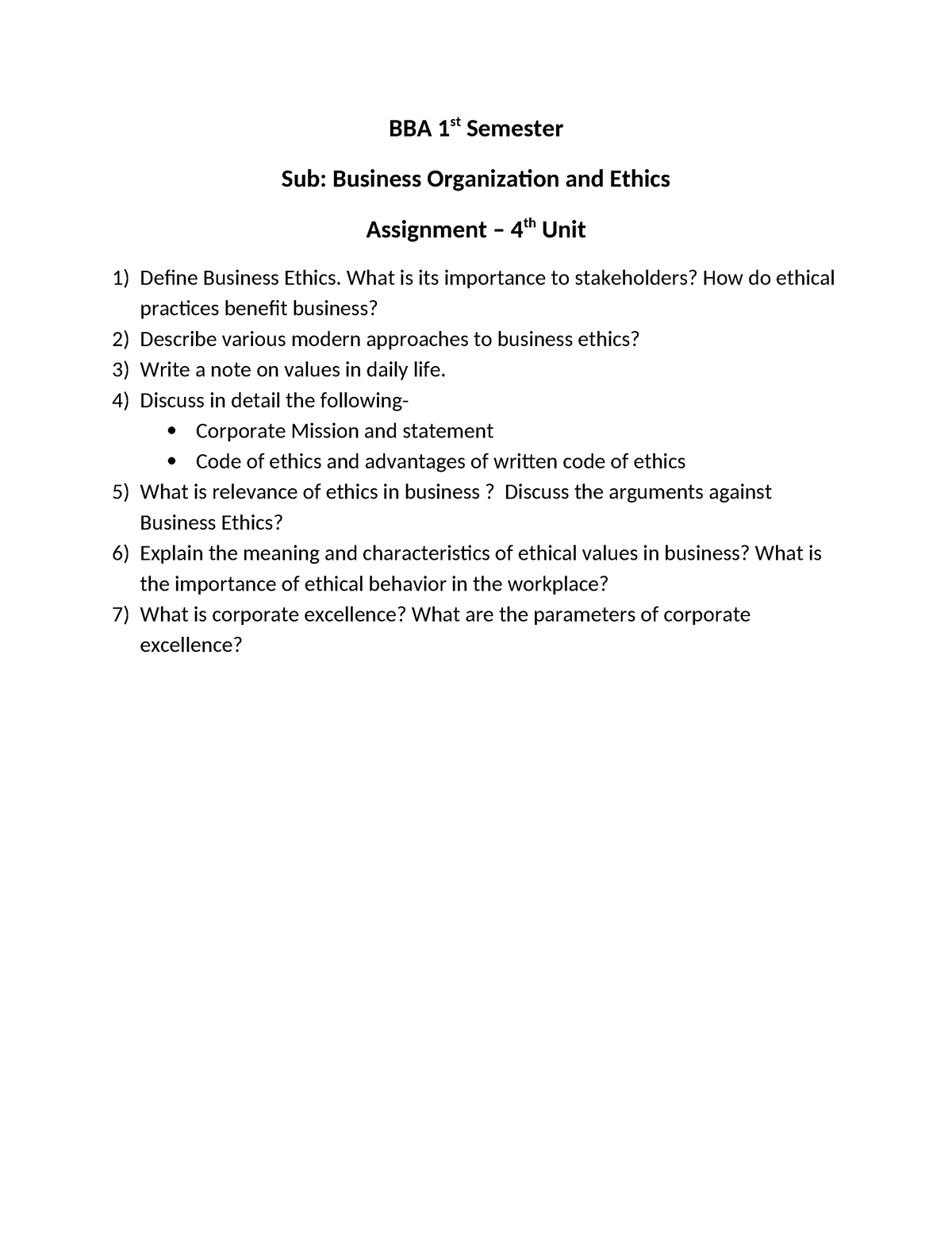 BO & Ethics Assignment 4th Unit - BBA 1 St Semester Sub: Business ...