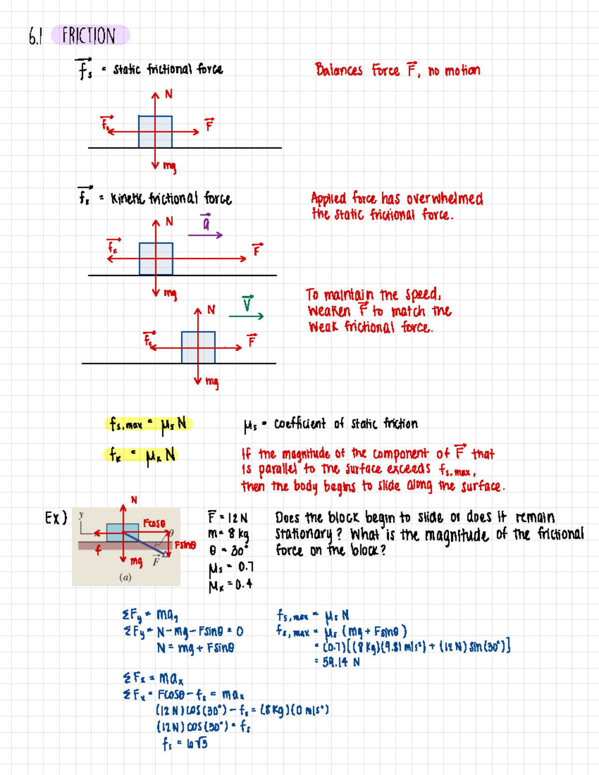 Chapter 6 Force And Motion - 6 Friction → f-s = Static frictional force ...