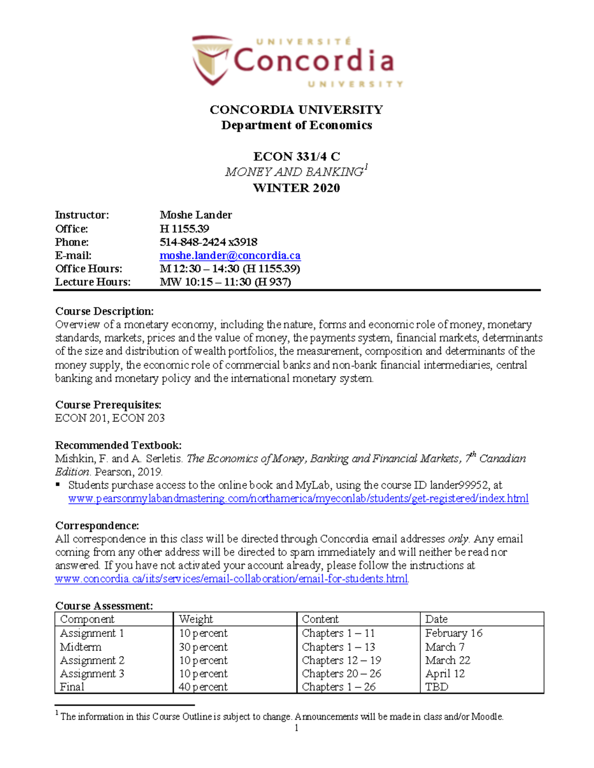 Course Outline Summary Money and Banking 1 CONCORDIA UNIVERSITY