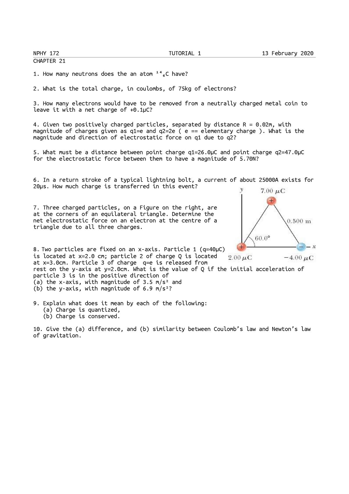 Tut1 - electric field - NPHY 172 TUTORIAL 1 13 February 2020 CHAPTER 21 ...