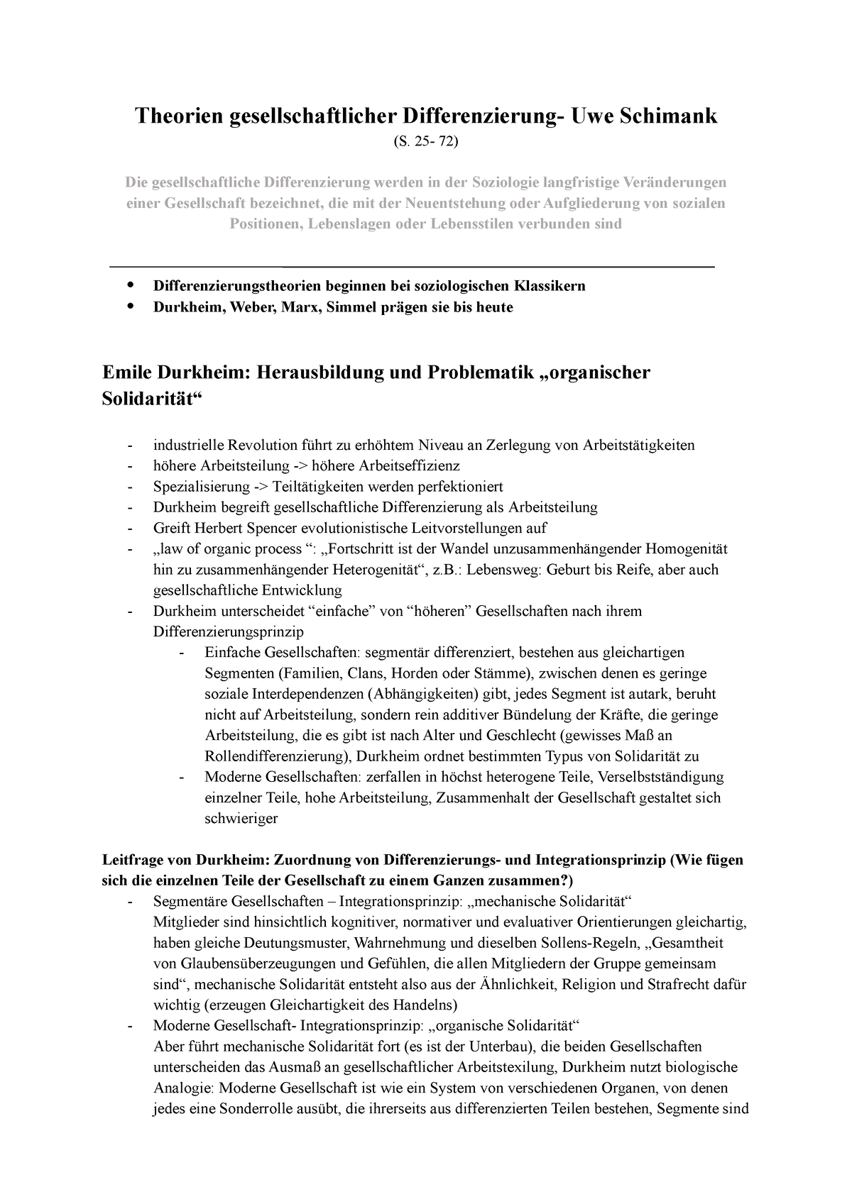 Gesellschaftliche Differenzierung Durkheim Schimank - Theorien ...