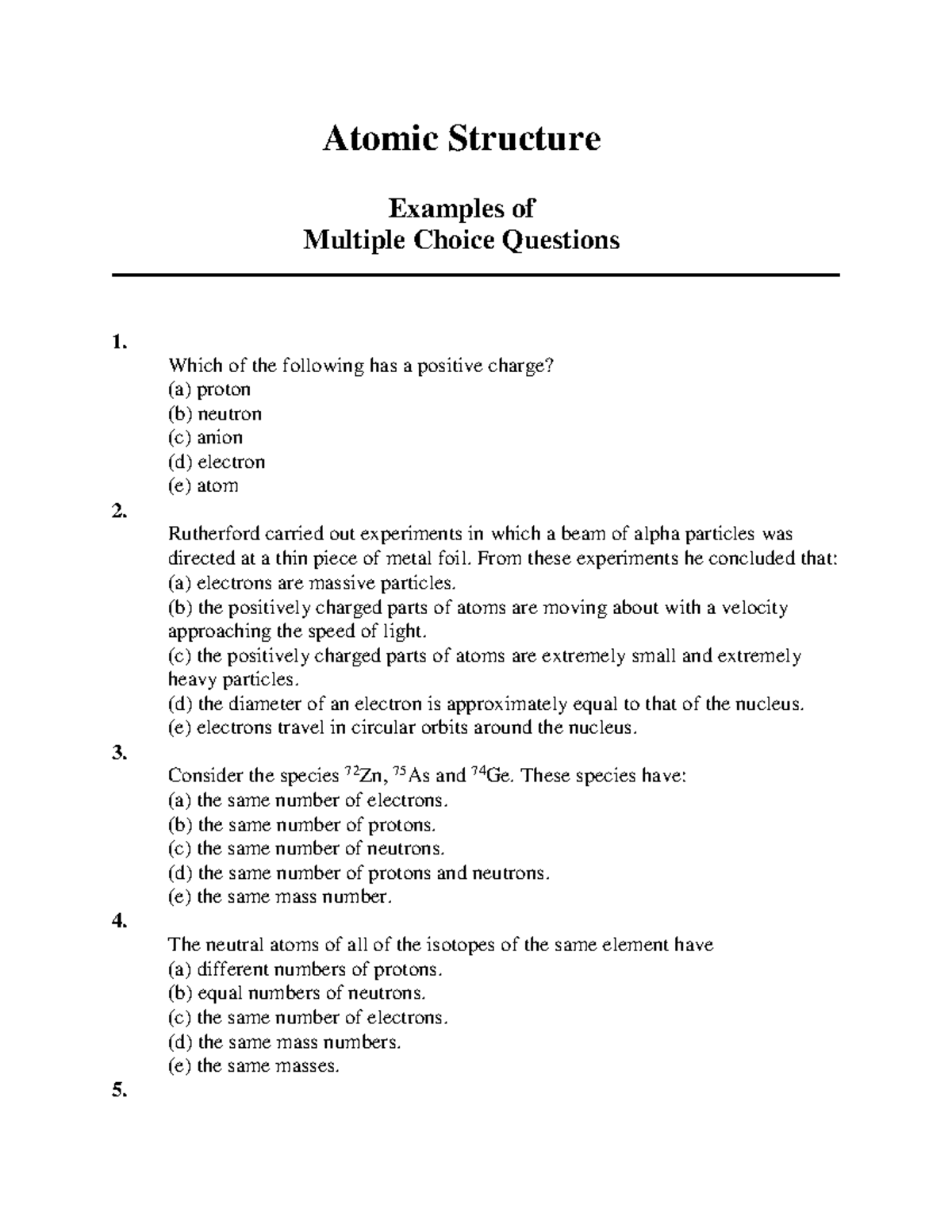 Atomic Structure - Atomic Structure Examples of Multiple Choice ...